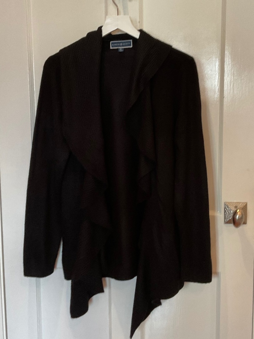 Karen Scott deep black cardigan PL, ruffle detailing
